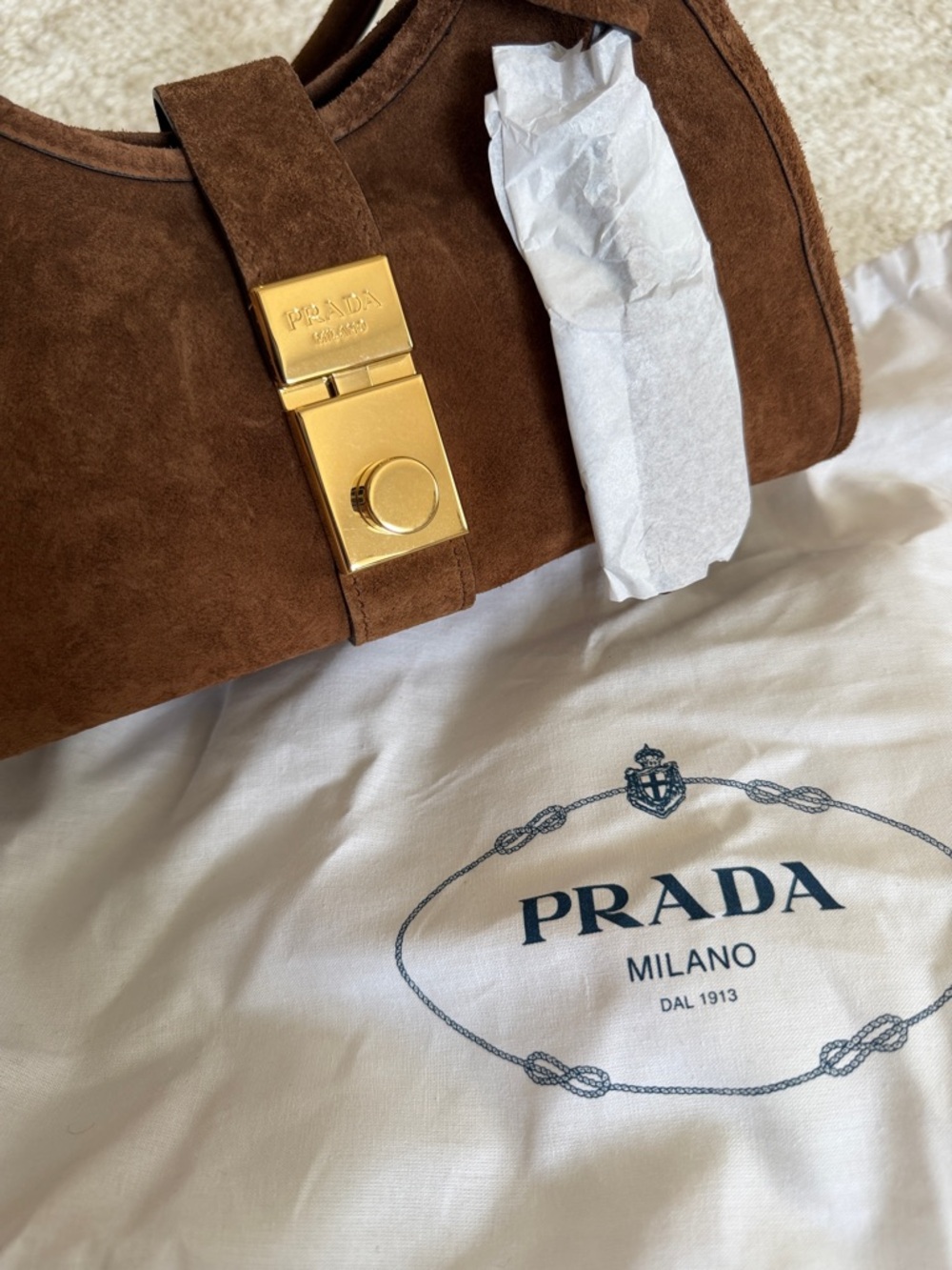 Prada Brown Suede Bag with Gold Hardware